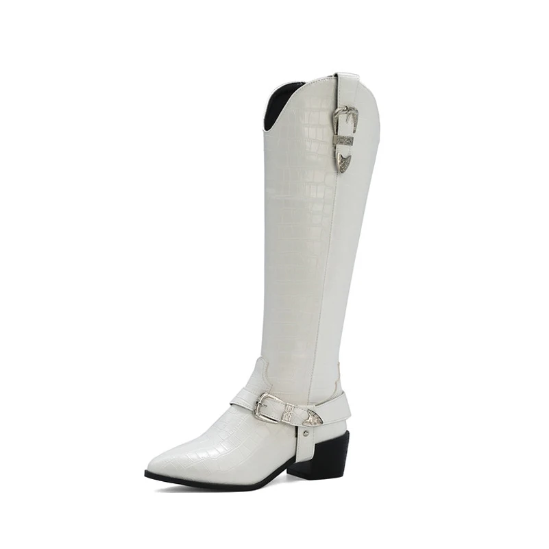 

ANNYMOLI Pointed Toe Knee High Boots Woman High Heel Western Boots Thick Heel Long Boots Buckle Zip Lady Shoes Autumn Winter 43