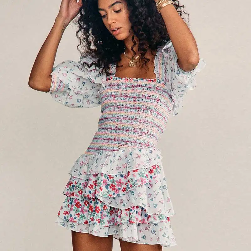 

Boho Inspired mixed floral prints ruffled party dress puff sleeve square neck smocked sexy laides dress mini chic summer dress