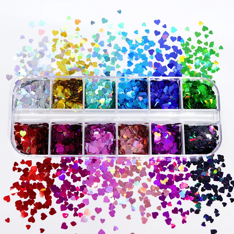 

Holographic Heart Shape Nail Art Glitter Flakes Mixed Size Sequins for Gel Polish Nails Decoration Spring and Summer Design