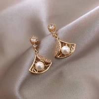 2020 new fashion korean temperament fan earrings fashion versatile pearl earrings womens diamond s925 silver pin earrings