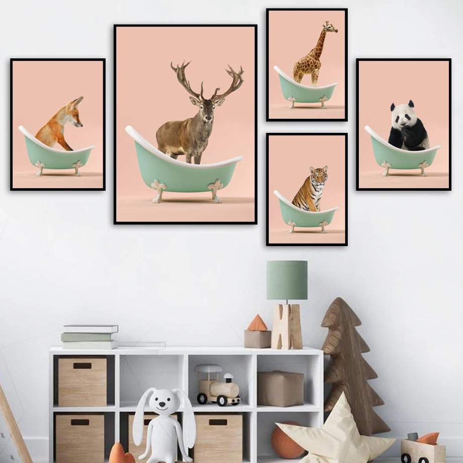 

Bathtub Animals Lion Giraffe Zebra Deer Wall Art Canvas Painting Nordic Posters And Prints Wall Pictures For Bedroom Baby Decor