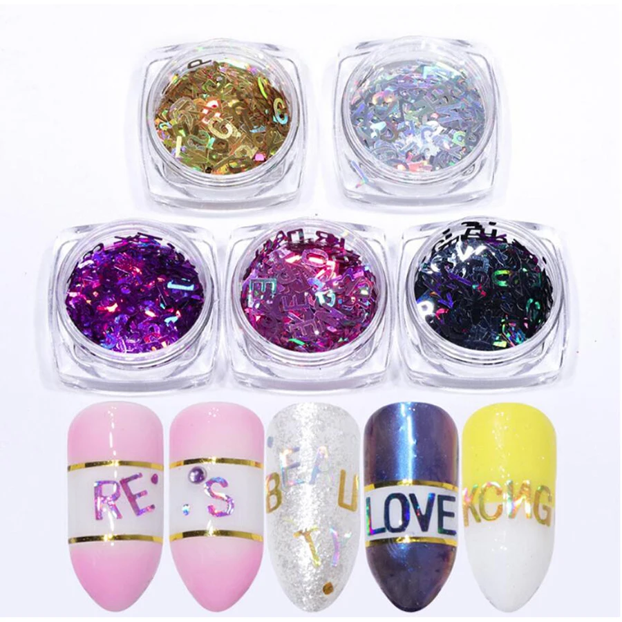 Голографический блестящий алфавитный ноготь письменные письма искусство хлопья дизайн декоративные рождественские украшения на.