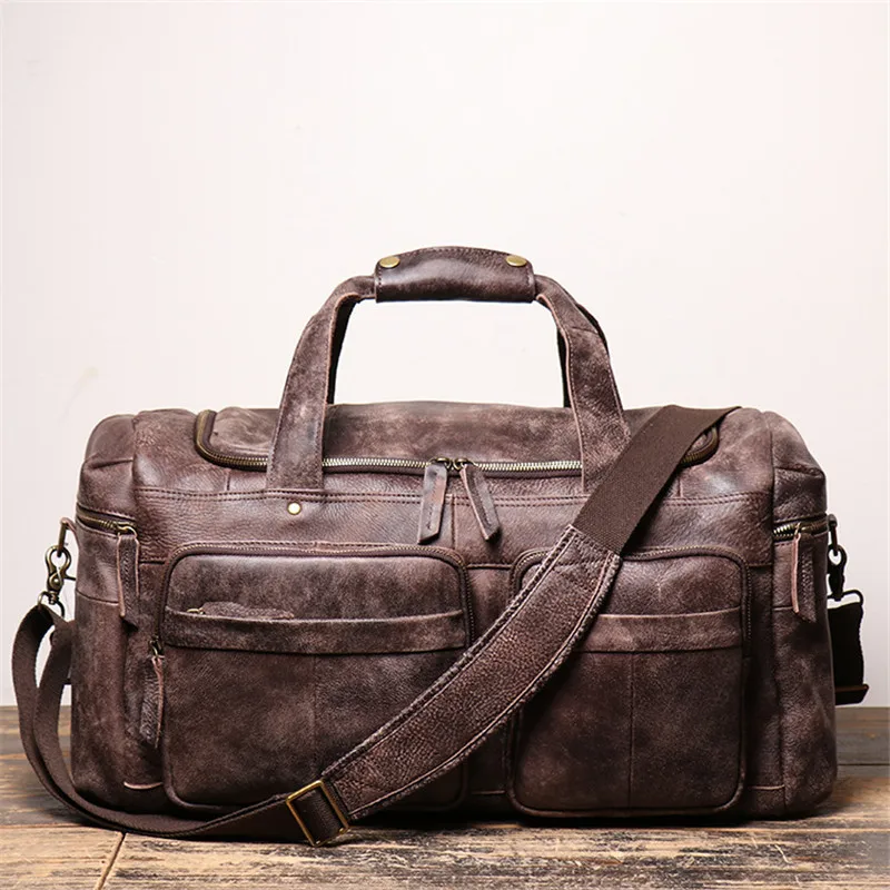 POOLOOS Highend Large Capacity Vintage Brown Coffee Genuine Leather Business Men Travel Bags Shoulder Messenger Duffle Bag M1419