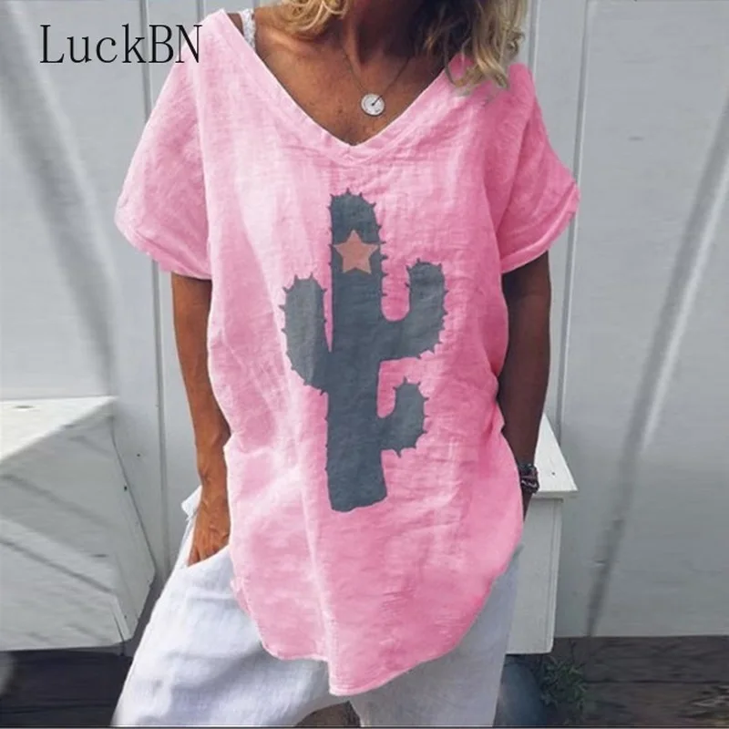 Женская одежда casual Повседневная Свободная блуза с принтом кактуса летняя v