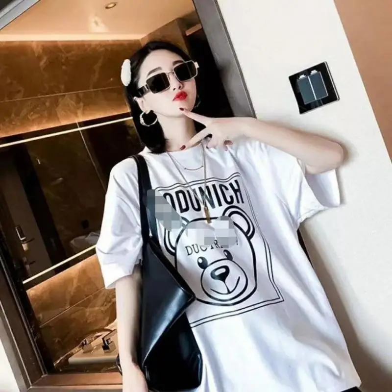 

Summer Women Clothes Graffiti Bear Round Neck Shirt Short Sleeves Casual Pullover Loose Printed Fashion T Shirt Women