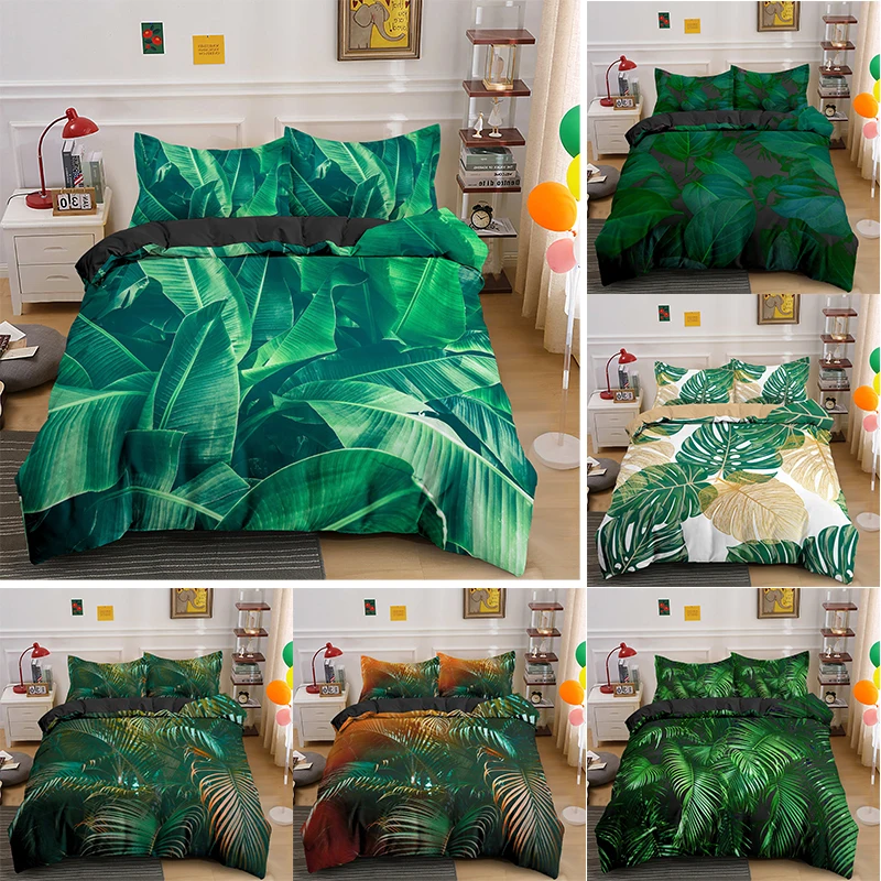 

3D Effect Duvet Cover Set with Pillow Shams Green Tropical Plants Leaves Printed Soft Bedding Set Single Double Queen King Size