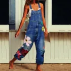 Женский джинсовый комбинезон с цветочным принтом, длинные рваные Брюки с карманами и двойными лямками