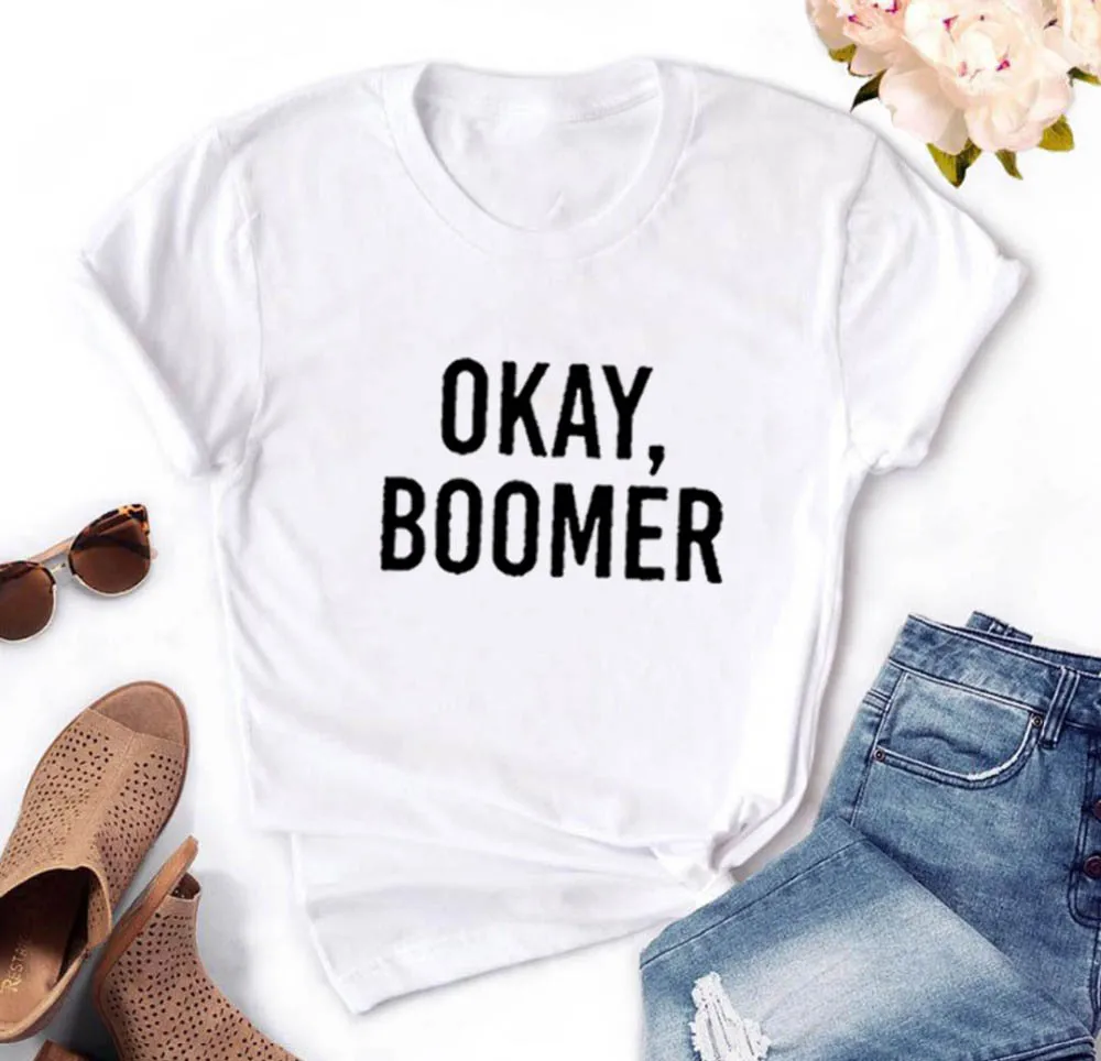 Женская хлопковая Футболка с круглым вырезом Ok Boomer белая свободная