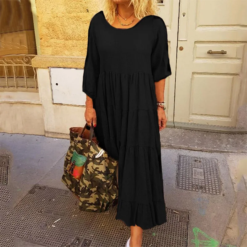 Модное женское платье богемное длинное Vestidos ZANZEA Плюс Размер Макси Сарафан дамские однотонные Длинные платья-рубашки женские платья s - Цвет: Черный