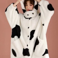 cute cow pajamas women winter nightgown female long thickened flannel sleep dress girl home service winter bathrobe