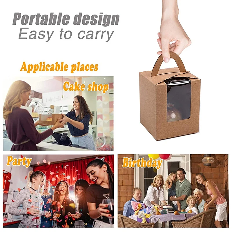 

Kraft Paper Cupcake Box, Portable Single Cupcake Gift Box, with Window Insert Handle, Suitable for Wedding Candy Box