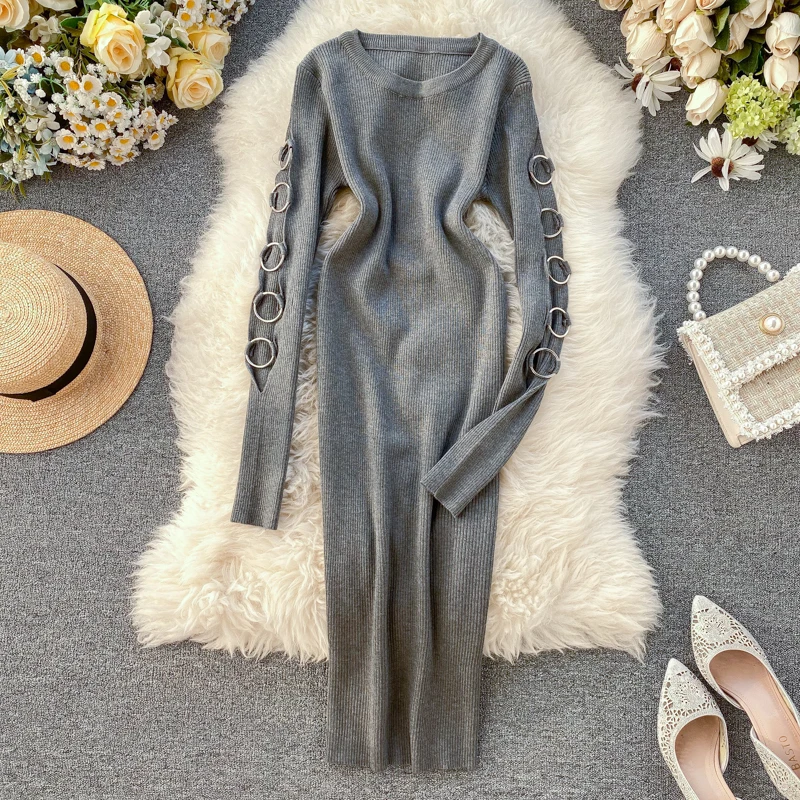 HISUMA весна-осень новинка женское вязаное платье-футляр с круглым вырезом и