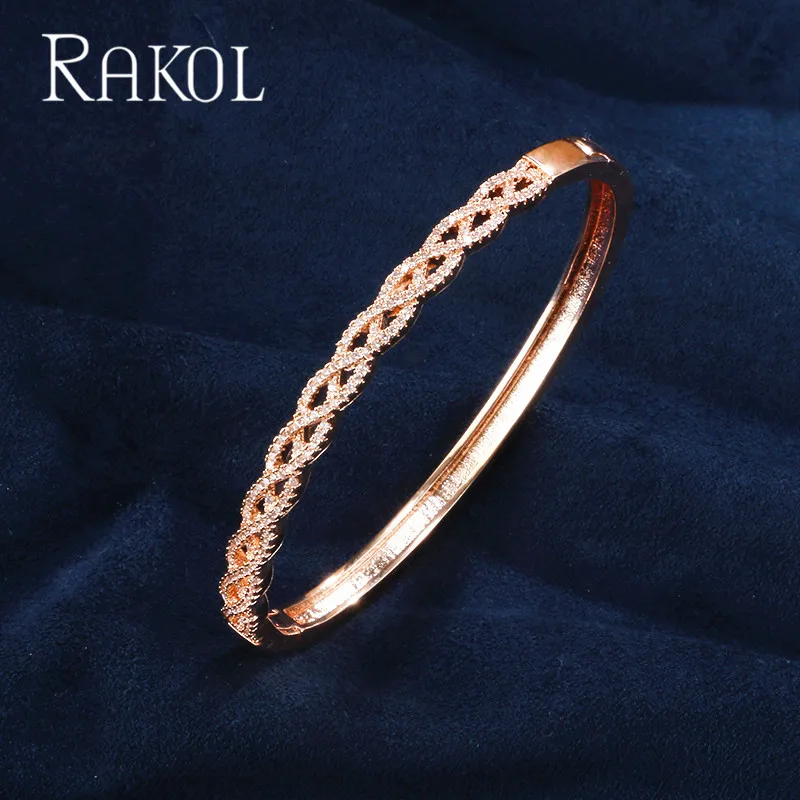 Rose Gold Color RAKOL Роскошные манжеты AAA кубического циркония розовое золото цвет Дубай прекрасные свадебные браслеты для женщин Свадебная вечеринка ювелирные изделия - Окраска металла: Rose Gold Color
