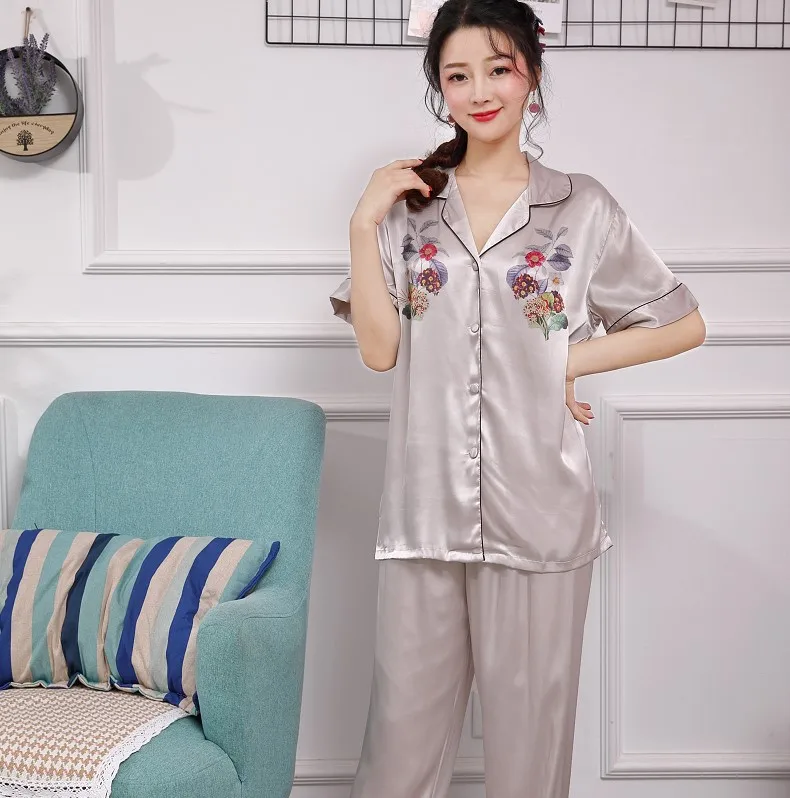 Spring Autumn Women's Pajamas Set Summer Printed Nightwear Full Length V-Neck Short Sleeve Two Piece Silk Home Wear Sleep Wear