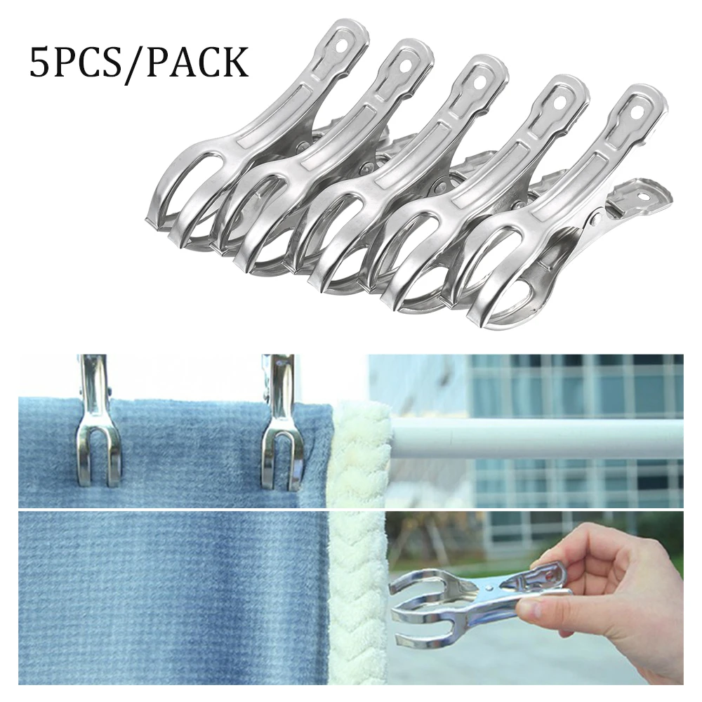 

Stainless Steel Cloth Drying Clips Big Cloth Blanket Clamp Windproof Spring Clip Grip 5 count