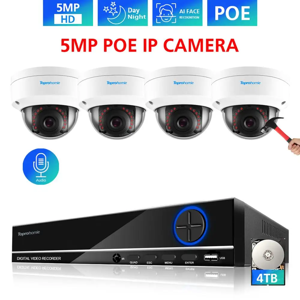 TOPROHOMIE H.265 + 8CH AI система записи лица CCTV POE NVR 5MP аудио Vandalproof безопасности IP камера