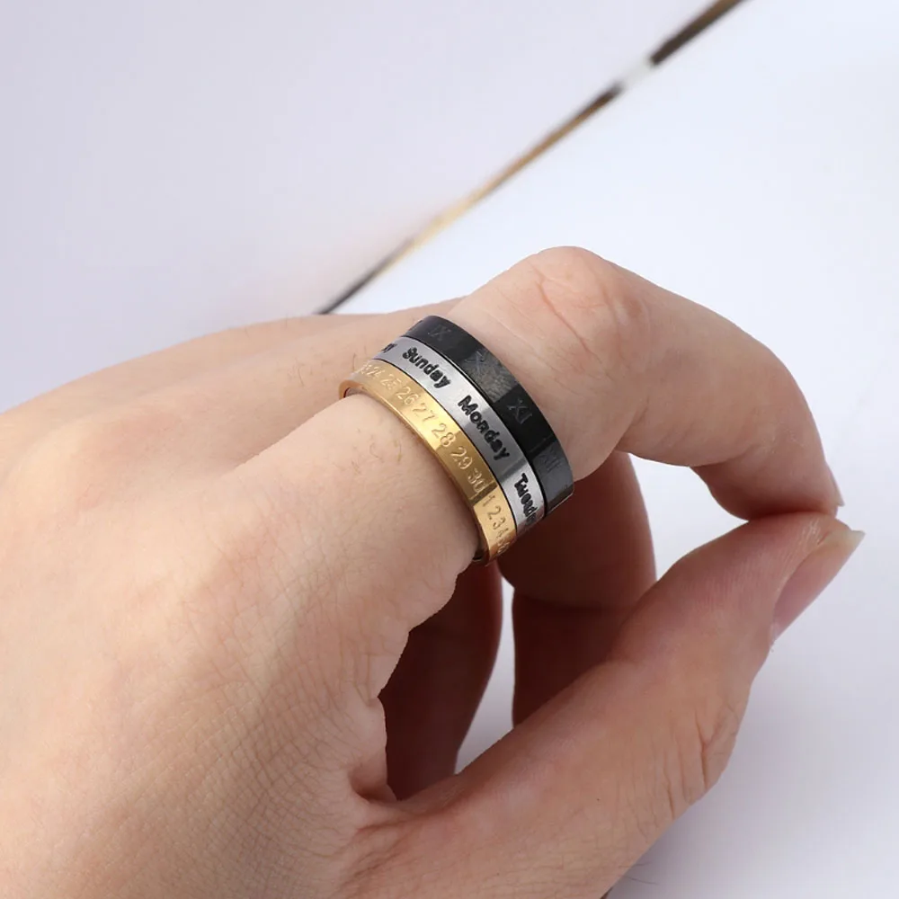 

Date Time Calendar Rings Creative Rotatable 3 Part Roman Numerals Ring Mens Jewelry Titanium Steel Cool Punk Spinner Rings