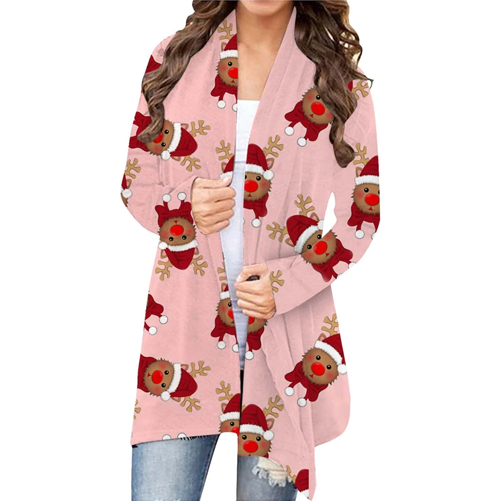 

Женский кардиган с принтом рождественского оленя, Санта-Клауса, повседневный Свободный Топ с длинным рукавом, футболка на Рождество, праздн...