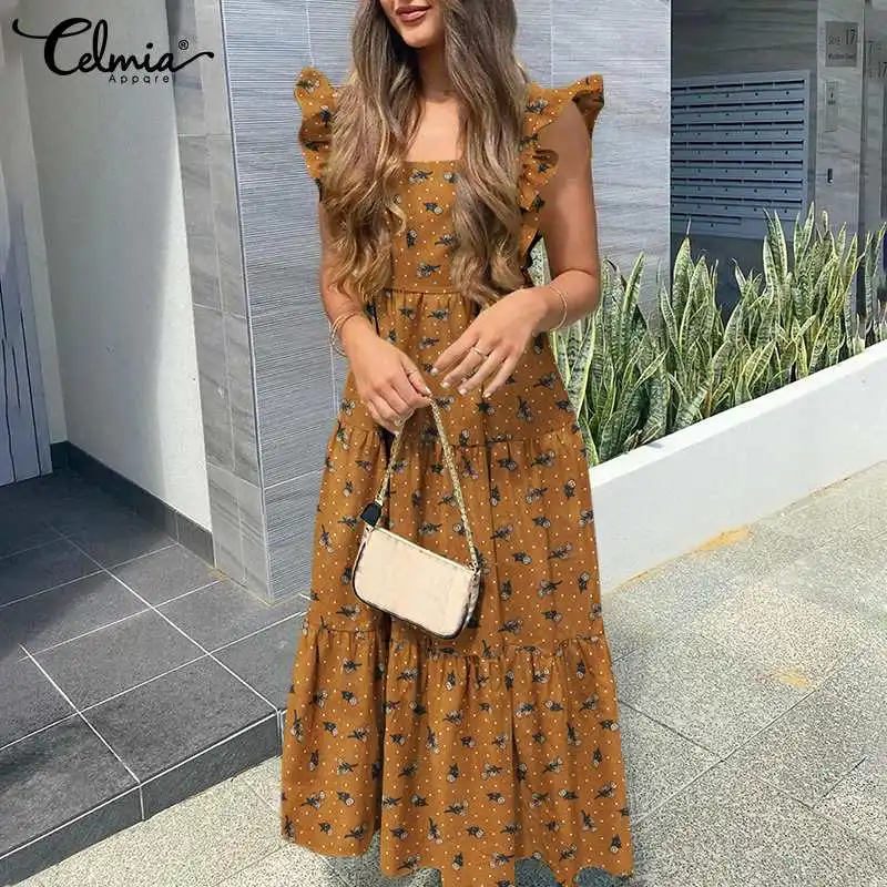 

Celmia 2021 Summer Bandage Maxi Dress Women Bohemian Backless Holiday Vestidos Female Floral Print Casual Sleeveless Cotton Robe