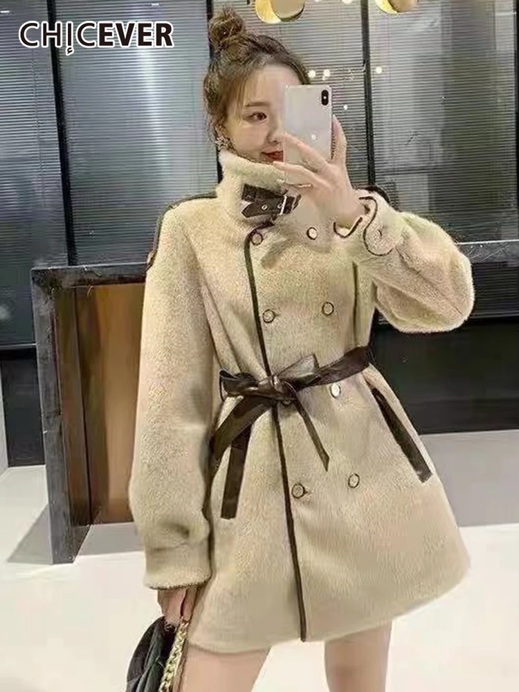 

CHICEVER Casual Coffee Jacket For Women Stand Collar Long Sleeve Patchwork Buttons Loose Winter Fashion Coat Female 2021 Stylish