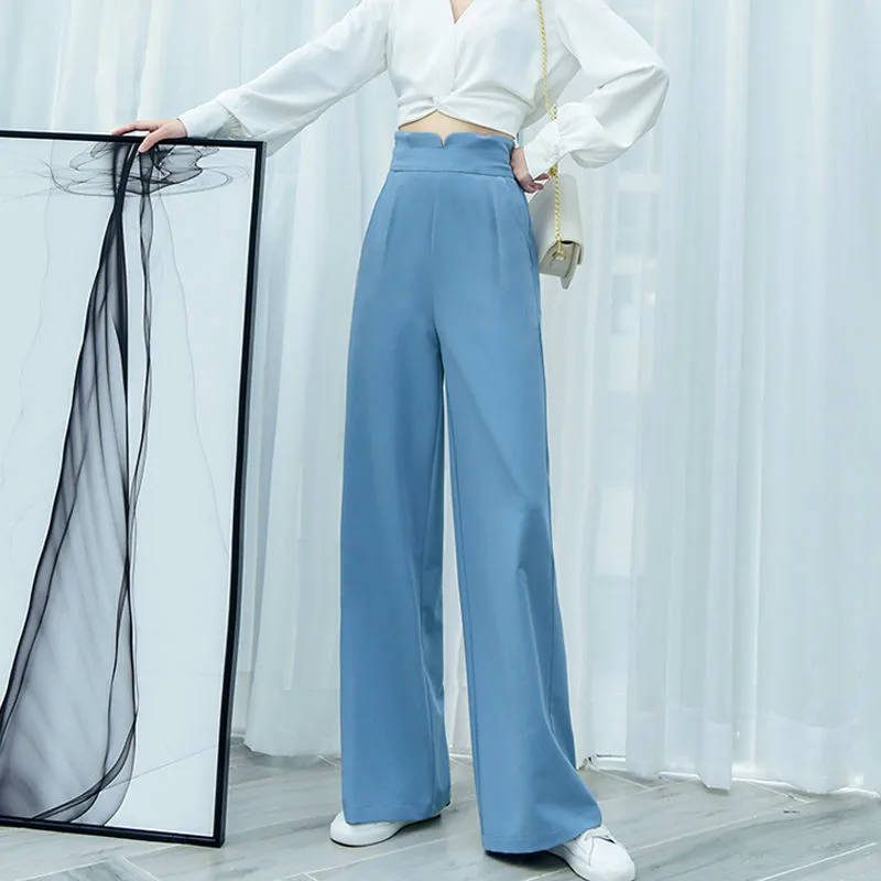 

2021 New Spring Autumn Women Casual Solid Wide Leg Loose Pants Office Lady Thick Fabric Side Zipper Fly High Waist Trousers O260