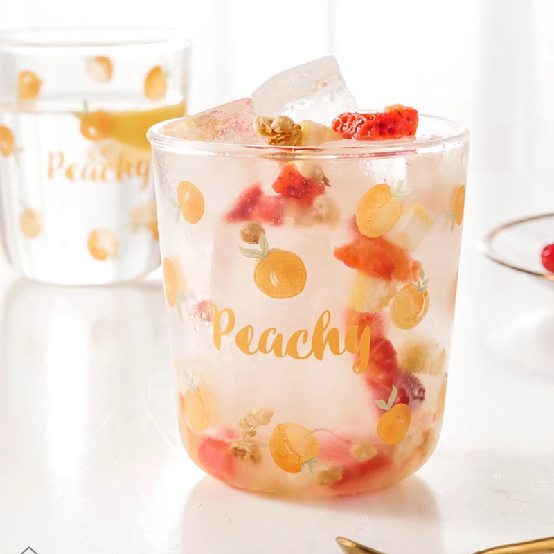 

450ml Creative Strawberry Glass Mug Peach Print Cup Coffee Milk Tea Mug Home Office Drinkware Couple Gifts