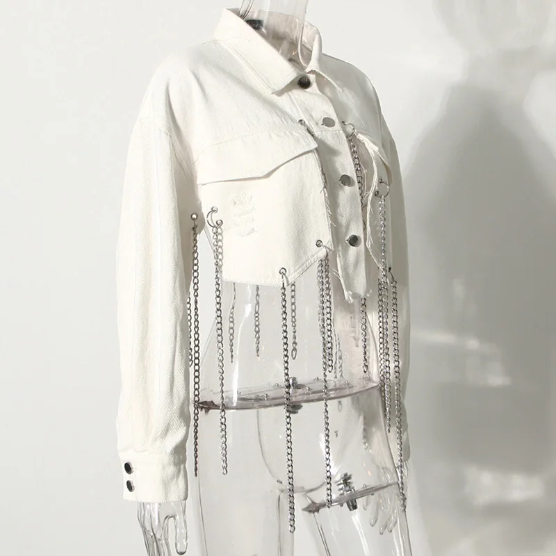 

Metal Loose Fit Chain Decoration Denim Jacket New Lapel Long Sleeve Women Coat Fashion Tide Autumn Winter 2021 1DD3607