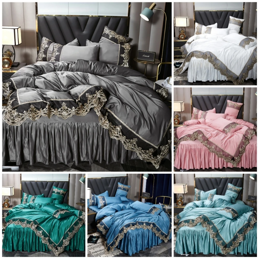 

4 Pcs Luxury Lace European Style Duvet Cover Set Silk Cotton Bedding Quilt Cover Pillowcase Queen King Bed Skirt Set