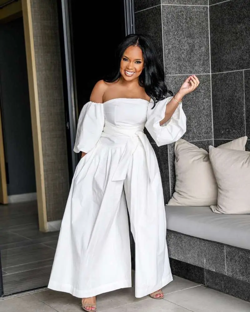 

New Femal Jumpsuits White Color Summer Wide Leg Pants Off Shoulder Sexy Club Evening Party Jumpsuits Women Loose Pants Women