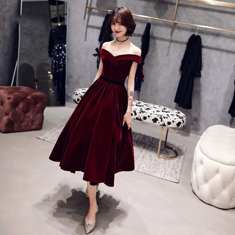 

2019 women wine red Cocktail Dresses Elegant Boat Neck Bow Strapless Party Formal Lace up A-line Fashion Prom Gown dress