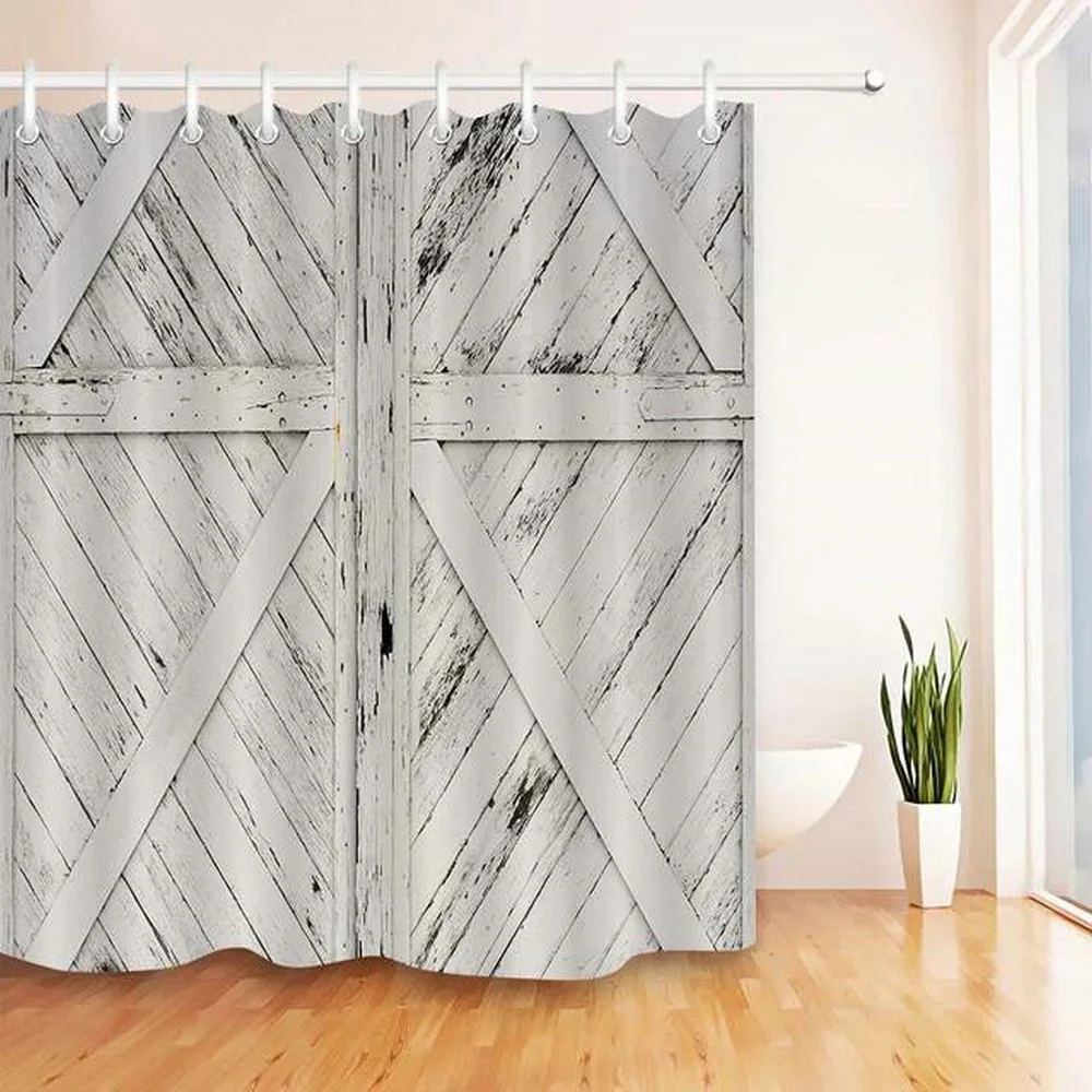 

Retro Old Wooden Door Shower Curtains Vintage Barn Swinging Saloon Doors Waterproof Cloth Home Decor Screen Bathroom Curtain Set