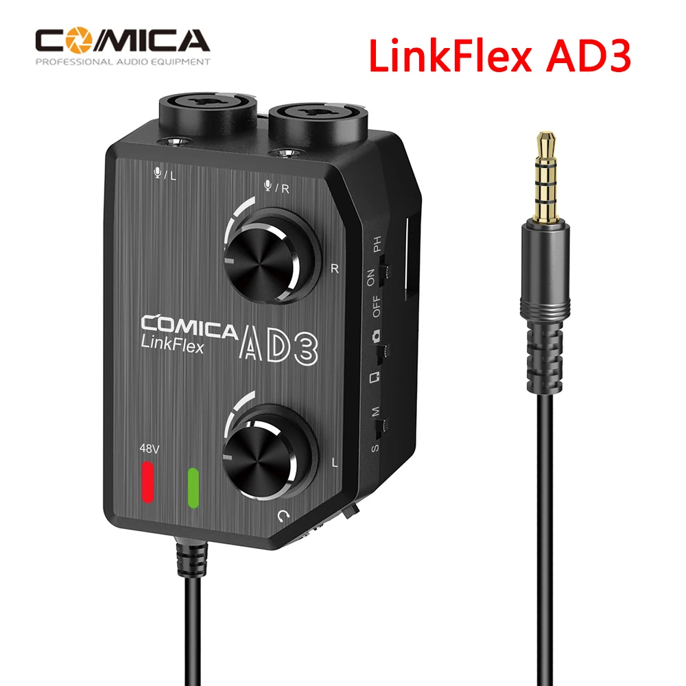 

Comica LinkFlex AD3 for Guitar Microphone to Camera Smartphone Two Channels XLR/3.5mm/6.35mm-3.5mm Audio Preamp Mixer Adapter