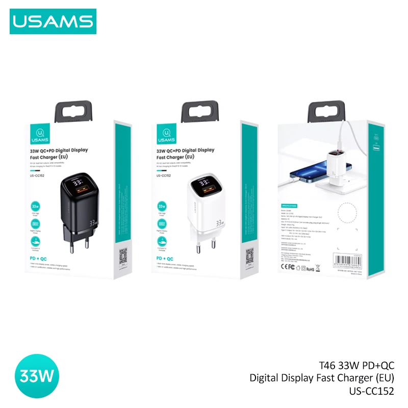USAMS QC PD 33 Вт Быстрое зарядное устройство с цифровым дисплеем для iPhone Samsung Huawei
