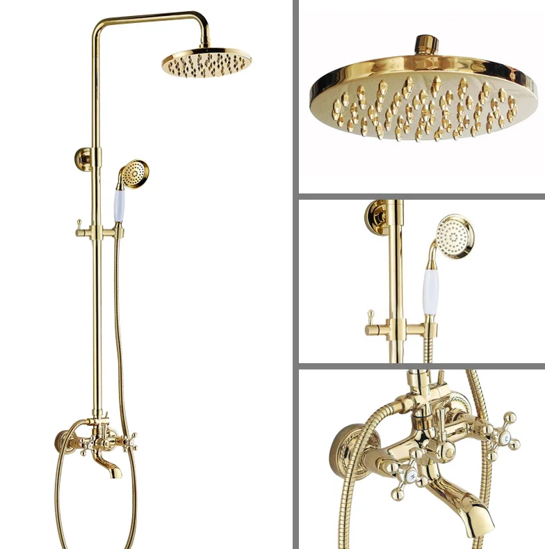 

Modern Golden Brass Wall Mounted Rain Bathroom Rainfall Shower Faucet Set with Hand Spray Shower Head Bath Tub Mixer Tap 2gf352