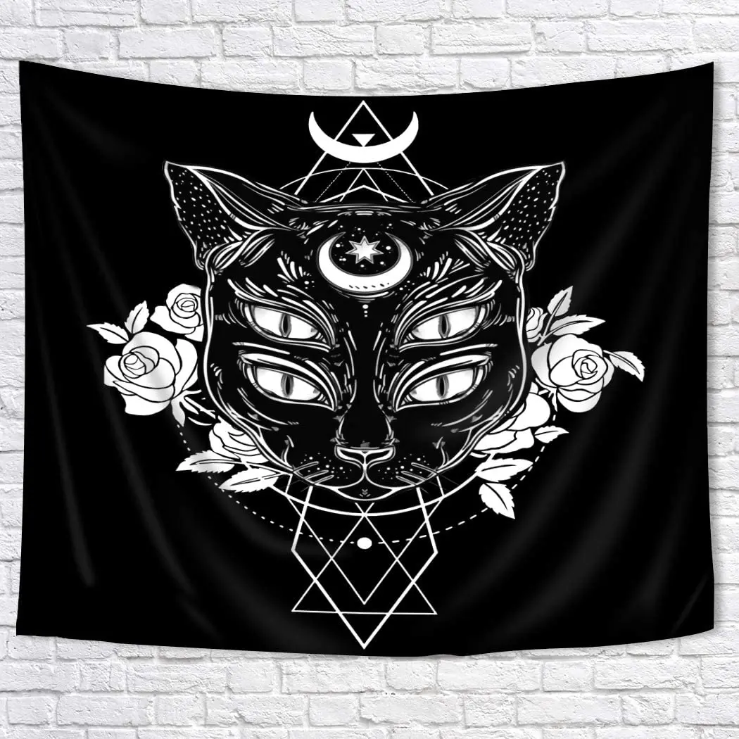 Гобелен с черной головой кота портрет Луна и четыре глаза Готическая татуировка