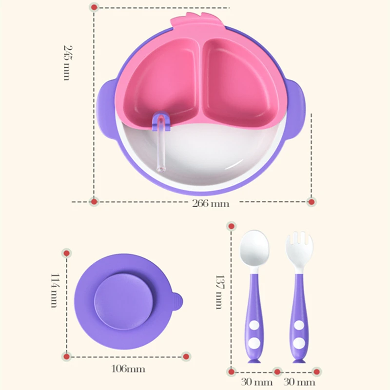 

Beeshum 6 Pcs Set Baby Feeding Plate Food Silicone Non-Slip Children Dinnerware Bowl with Straw Bending Spoon Fork for Kids