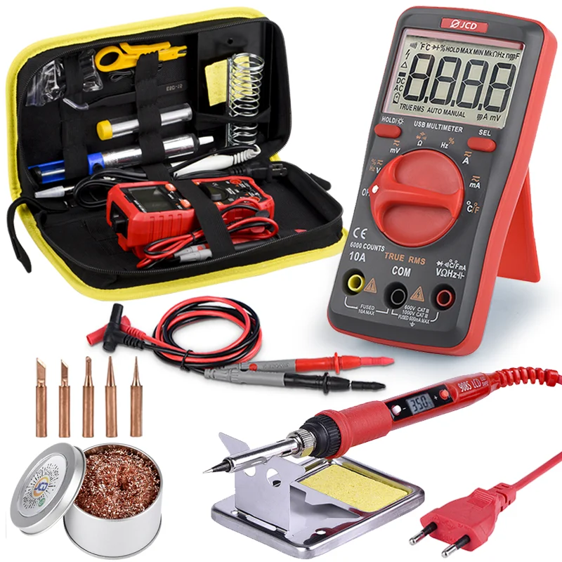80W LCD Digital Adjustable Temperature Soldering Iron Kit with USB Charging Digital Multimeter Auto Ranging True RMS 6000 Count
