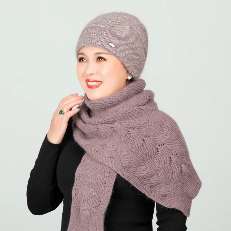 Rabbit Hair Knitted Wool Cap Middle Aged Elderly Warm Plus Velvet Scarf Mothers Birthday Present Elegant Flower Ladies Hat | Аксессуары