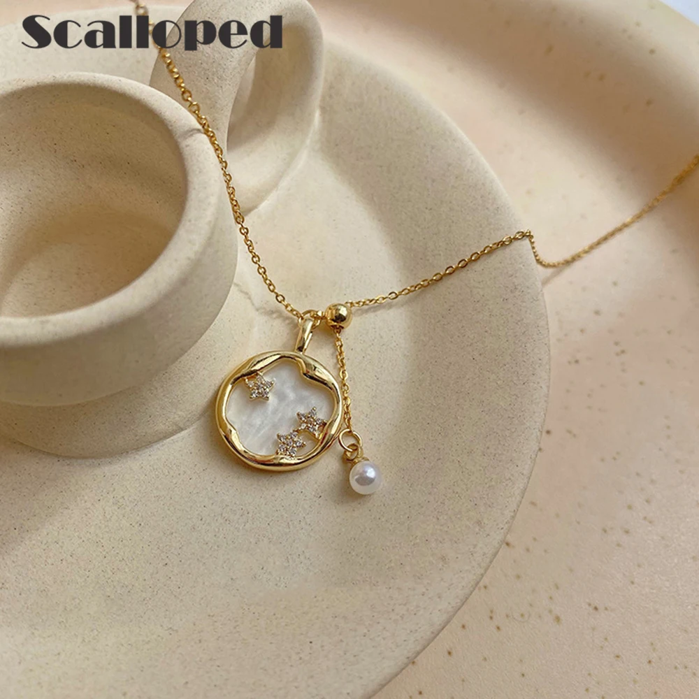 

SCALLOPED Trendy Shell Titanium Steel Star Pearl Necklace For Women Brand Designer Clavicle Chain Choker Statement Jewelry