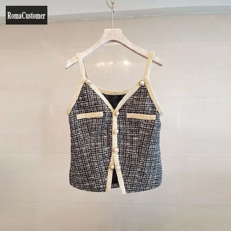 

Elegant Vest Womens Summer New Short Fashion Strap Mixed Colors Korean Plaid Slim V-Neck Casual Ladies Vest Tops France Style