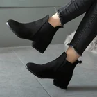 Ботинки женские замшевые, черные, без застежки, на толстом каблуке