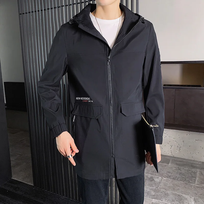 Ветровка мужская длинная Тренч с капюшоном тонкая бейсбольная куртка Бомбер
