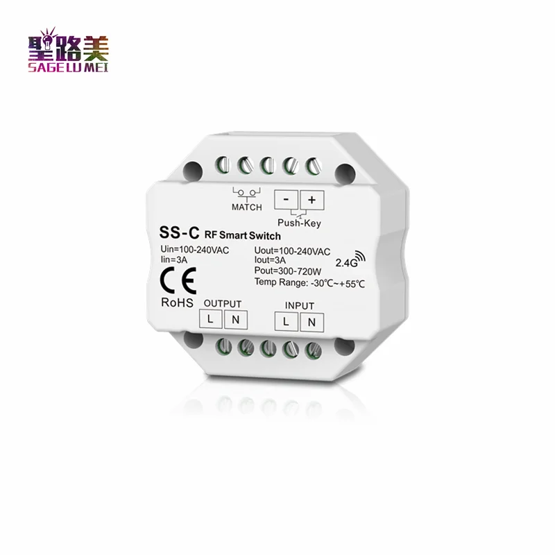 

SS-C RF Smart AC Switch & Push Switch Relay output MAX 3A 300-720W Wall junction box mounting For single color light