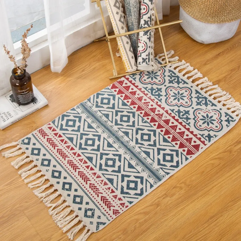 

Cotton and Linen Tassel Woven Carpet Floor Mat Door Bedroom Tapestry Decorative Blanket Tea Living Room Carpet Mat