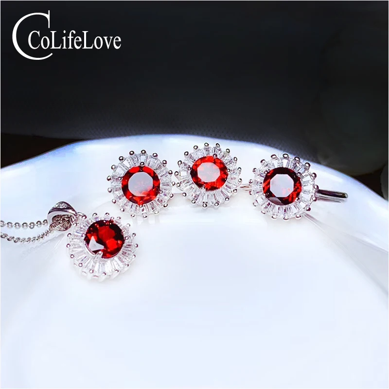 Комплект ювелирных изделий из серебра 925 пробы с натуральным гранатом|Ювелирные