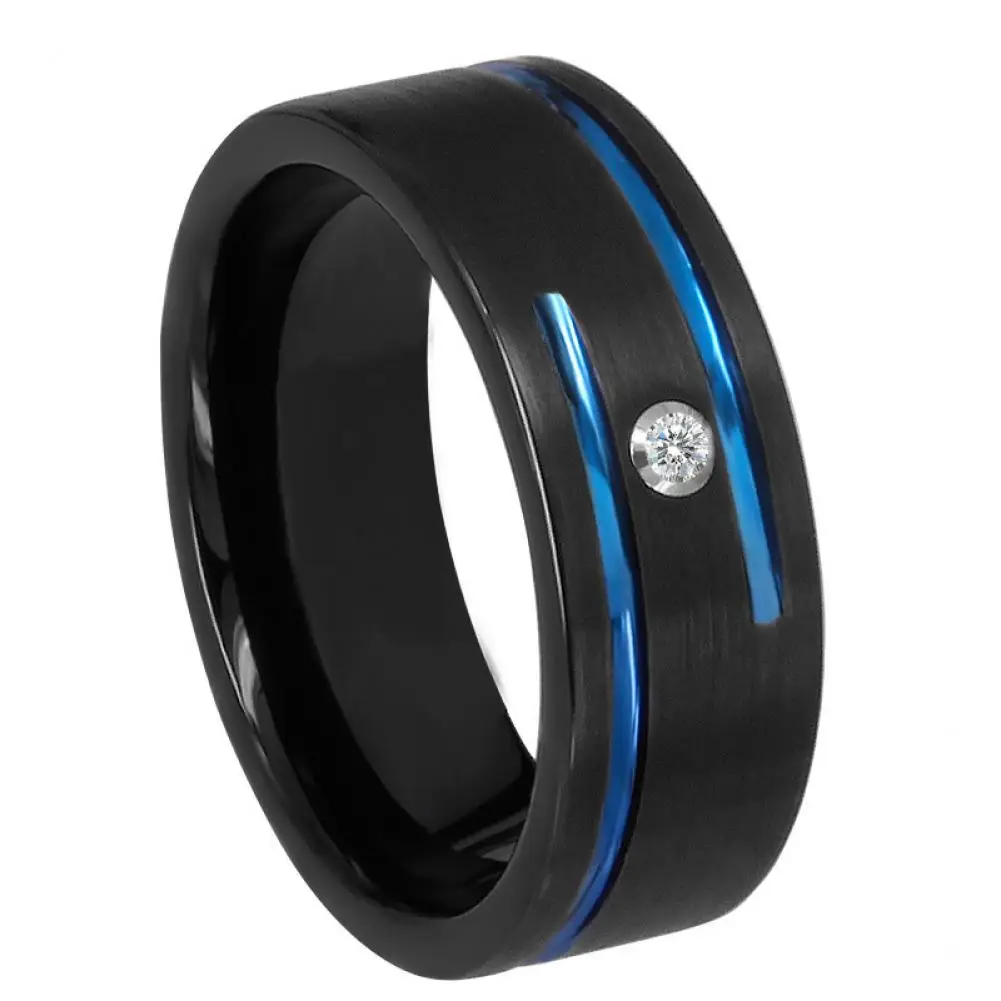 

Men's Charm 8mm Black Tungsten Carbide Bands Blue Groove Finger Rings For Men White Zircon Wedding Jewelry