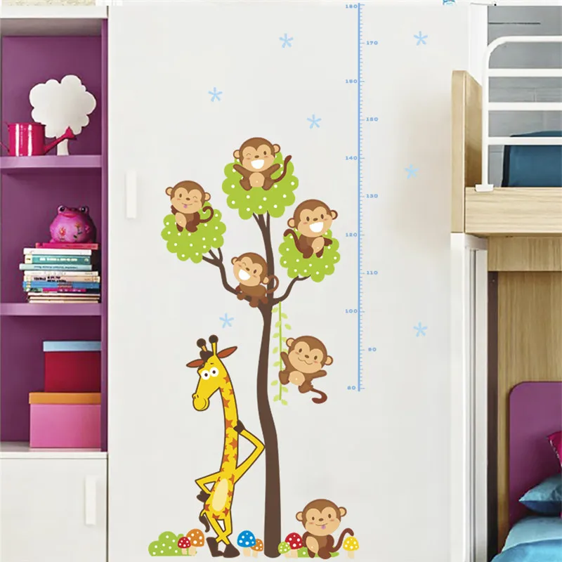 

Lovely Monkey Giraffe Tree Growth Chart Wall Stickers for Kids Room Home Decoration Cartoon Safari Mural Art Animal Wall Decals