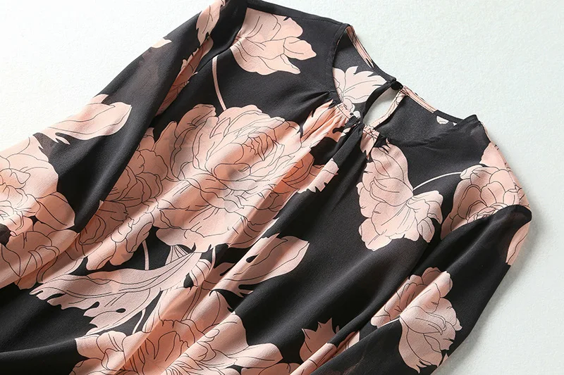 

European and American women's dresses for spring 2021 Floral print with long sleeve round collar Fashion silk shirt