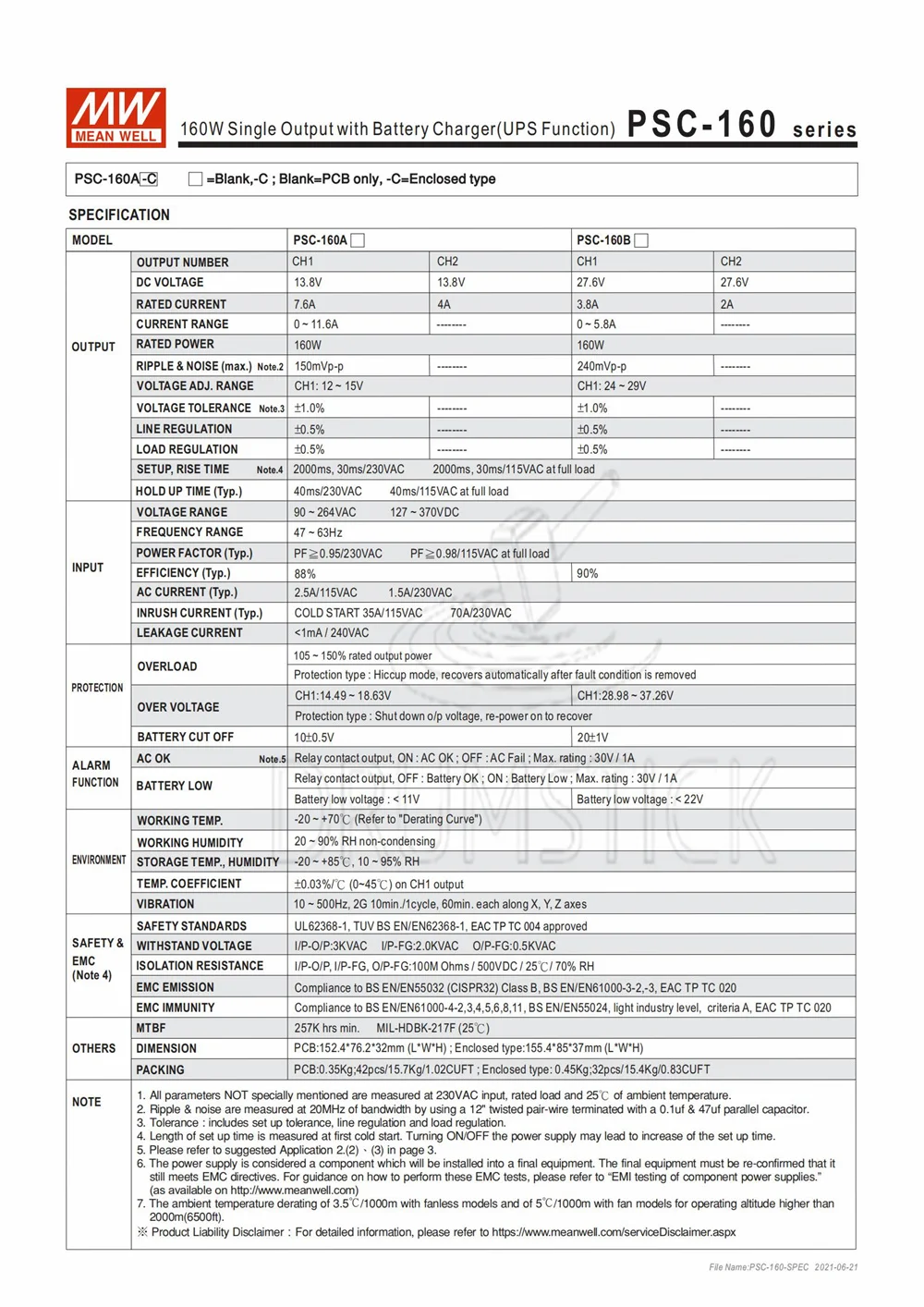 MEAN WELL PSC-160B 27 6 в meanwell PSC-160 160 Вт Один выход с зарядным устройством батареи (функция