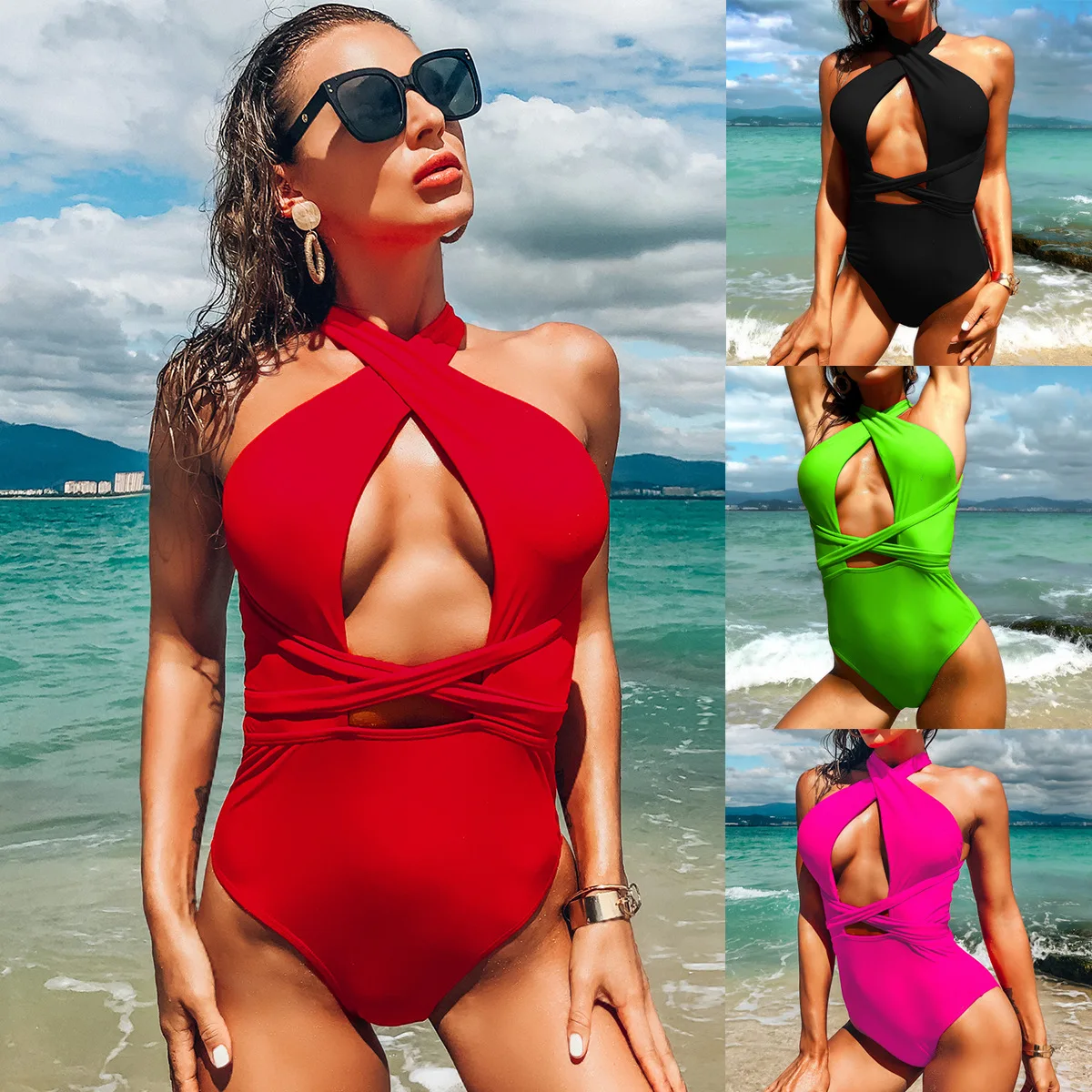 

2021 New Swimsuit Pure Color Cross One Swimsuit In Europe and America